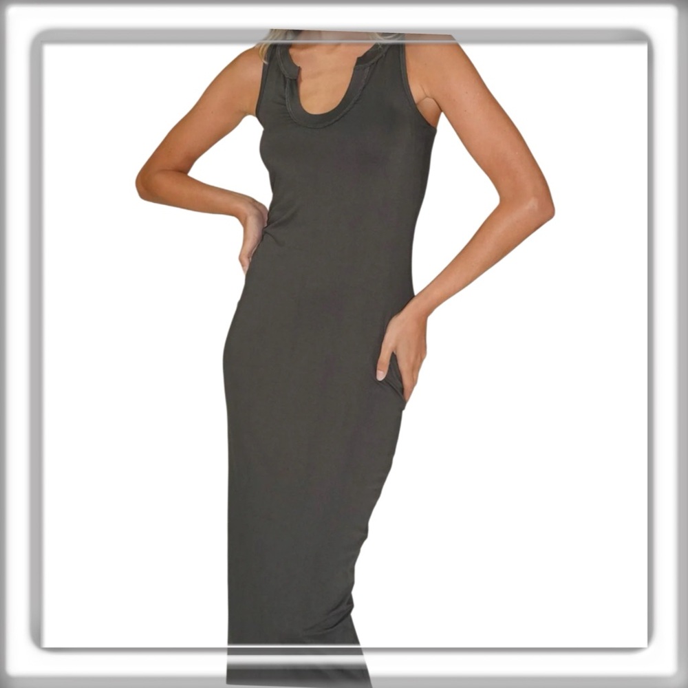 LNA Clothing GAIA Seamed Rib Tank Midi Dress Racerback Black Olive Size Medium